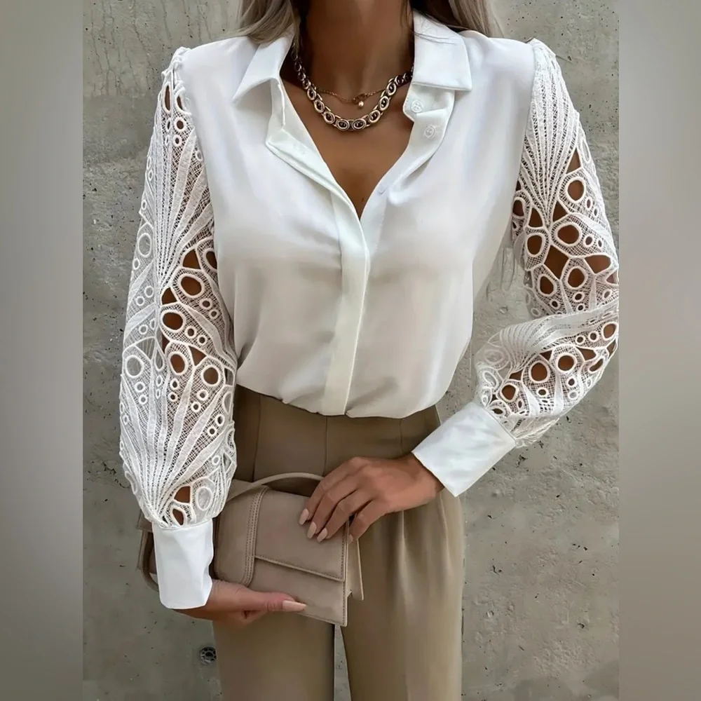 Elegant Hollow Out Solid Color Blouse Collar Long Sleeve